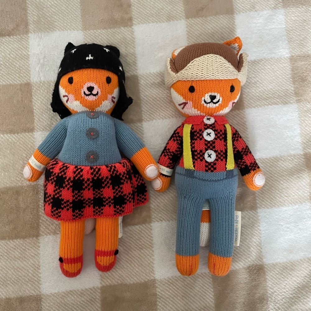 Bundle of two Cuddle + Kind Handmade Fox Plush Toy Set - Blue and orange Foxes